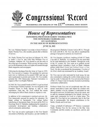 Congresswoman Barbara Lee Honors the Late Professor Hardy Frye